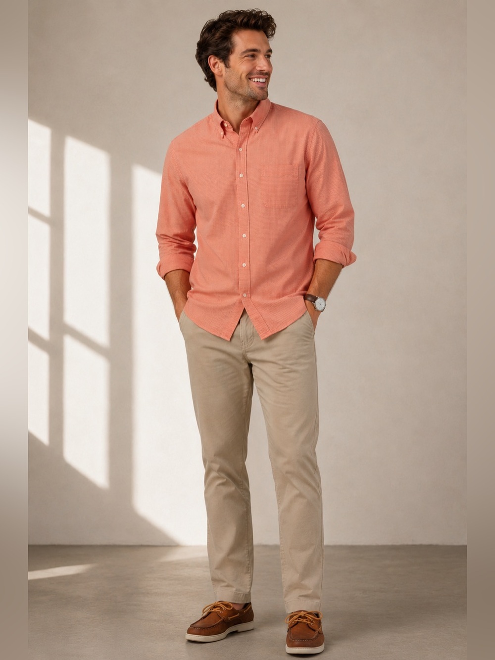 Izod Men’s Long-sleeve Button-Down Shirt in Coral Orange micro check, size Large